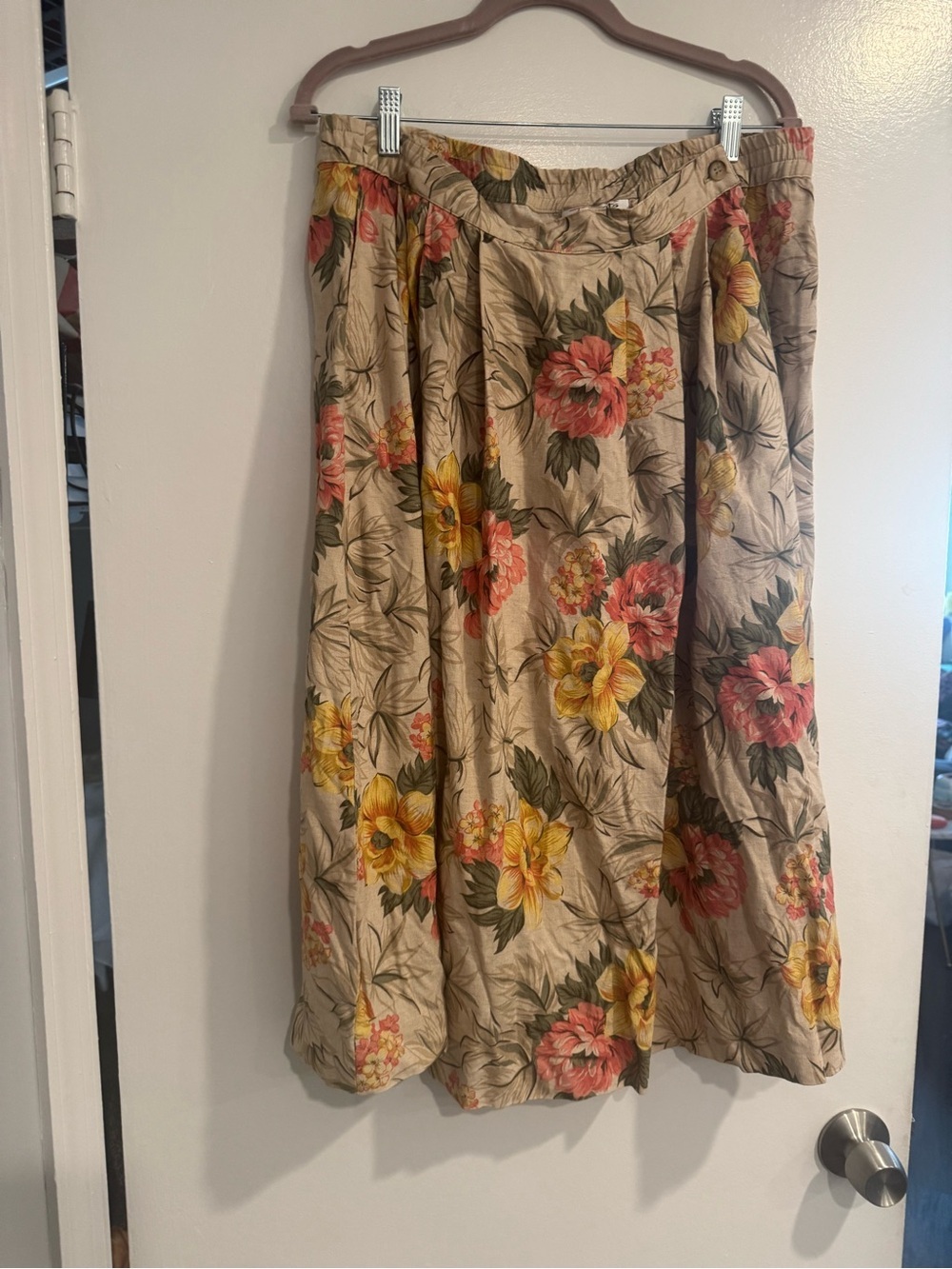 Vintage Talbots Beige Floral A-Line Skirt with Pink & Yellow Blooms